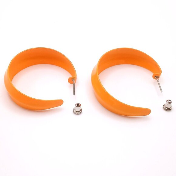 Vintage Earrings Orange Acrylic Crescent Hoop Pierced Ear Earrings 1.75" Length - Picture 3 of 8